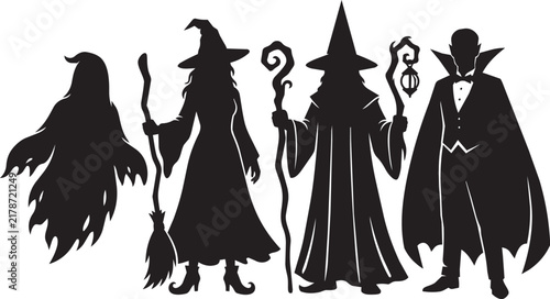 Photography A collection of halloween characters including a witch wizard vampire and ghost