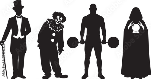 Картината върху платно A quartet of carnival performers stands in dark silhouette against a white backg