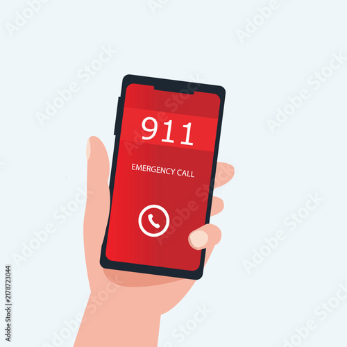Emergency call 911 concept. Hand holding mobile phone with emergency number 911 on the screen. Vector illustration.