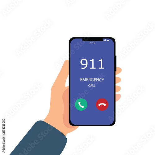Emergency call 911 concept. Hand holding mobile phone with emergency number 911 on the screen. Vector illustration.