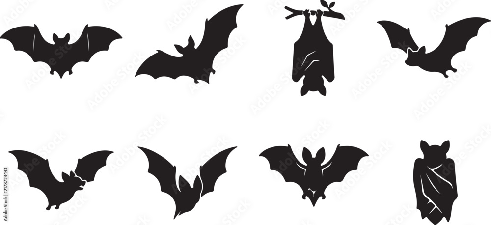 Fototapeta premium Bat silhouettes set, flying nocturnal creature vector icons