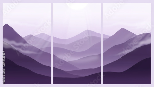 Three purple landscape backgrounds with layered hills and soft light rays