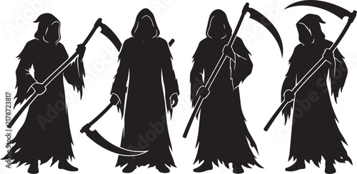 Canvas Print Four hooded figures with scythes stand in a dark silhouette death grim reaper re