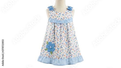 Charming white baby dress with blue floral pattern, gingham ruffles, and decorative bow straps isolated on transparent background