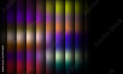 Abstract digital art composition featuring vertical glowing light bars with blurred colorful spots, modern technological background with dark space and vibrant light effects