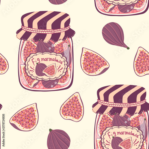 Vintage cartoon fig jam jars seamless pattern on cream background. Flat folk art vector wallpaper with retro fruit preserves, pink pulp figs and sweet fruits for gourmet kitchen fabric print.
