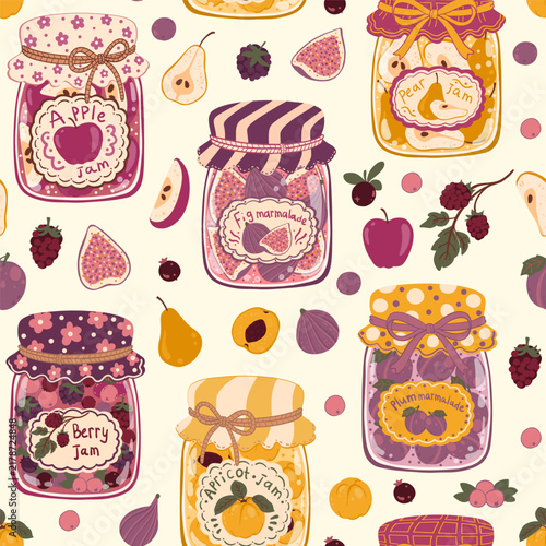 Vintage cartoon fruit jam medley seamless pattern on light backdrop. Flat folk art vector wallpaper with retro diverse preserves and mixed orchard fruits for Thanksgiving kitchen fabric print.