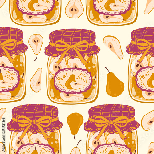 Vintage cartoon pear jam jars seamless pattern on milk background. Flat folk art vector wallpaper with retro fruit preserves and orange pears for Thanksgiving kitchen fabric print, wrapping paper.
