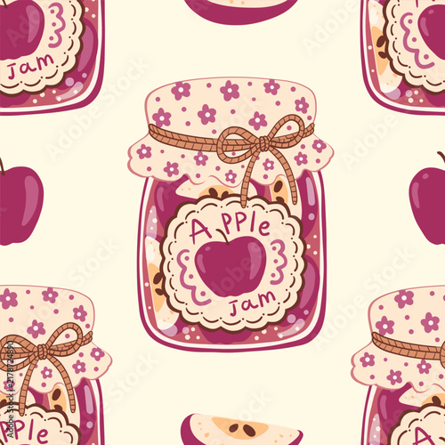 Vintage cartoon apple jam jars seamless pattern on light backdrop. Flat folk art vector wallpaper with retro fruit preserves and pink apples for Thanksgiving kitchen fabric print, wrapping paper.