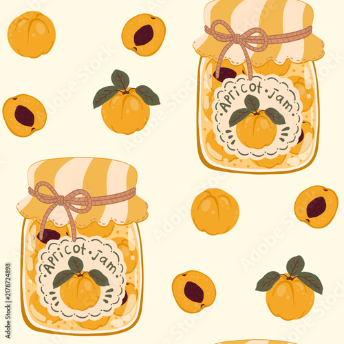 Vintage cartoon apricot jam jars seamless pattern on cream background. Flat folk art vector wallpaper with retro fruit preserves, striped orange white lids and sweet apricots for fabric print.