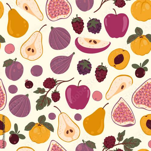Vintage cartoon fruit and berry vector elements set. Isolated flat folk art whole and sliced apple, pear, plum, apricot, fig for Thanksgiving recipe book design, harvest food packaging template.