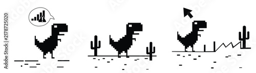 Pixel art pixelated dinosaur t-rex offline game set no internet signal connection error page vector illustration icon isolated background