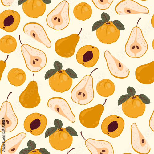 Vintage cartoon pear and apricot vector elements set. Isolated flat folk art whole and sliced sweet fruit pieces for Thanksgiving recipe book design, harvest food packaging template.