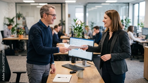 Colleagues exchanging documents in a modern office environment during a workday