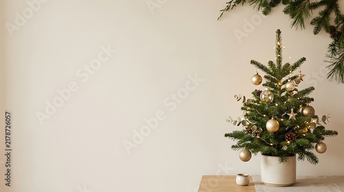 Small decorated christmas tree in a white pot placed on a table against a neutral wall background