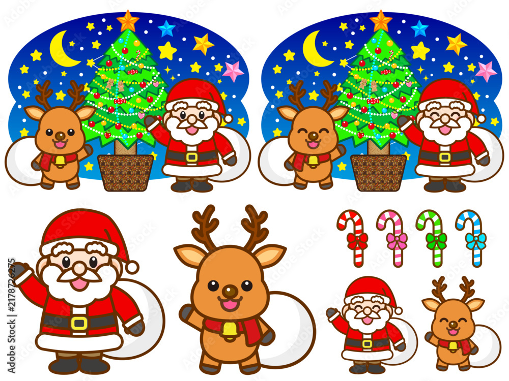 Obraz premium サンタクロースとトナカイのクリスマスイラスト素材セット4