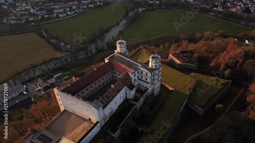 Drone aerial panorama of Willibaldsburg Castle in Eichstaett, Upper Bavaria, Germany. Historic hilltop stronghold, cultural heritage site, and museum complex overlooking the valley and city.