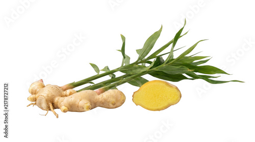 Fresh ginger root with green leaves and sliced ginger isolated on transparent background