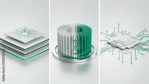 Three technical of computer processor chips and cooling heat sinks in white