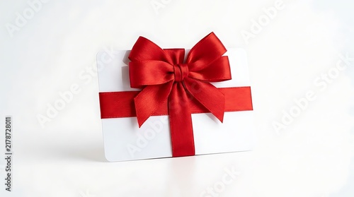 Elegant gift card with red ribbon bow isolated on white background