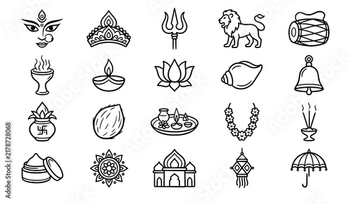 Hand Drawn Durga Puja Holiday 20 Outline Icons Set with Festival Decorations Rituals and Traditional Symbols