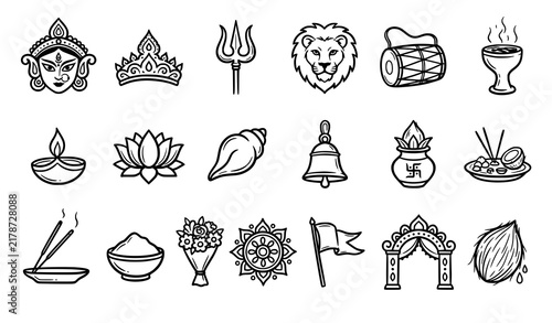 Hand Drawn Durga Puja Celebration 20 Black Outline Vector Icons with Holiday Decorations and Ritual Elements