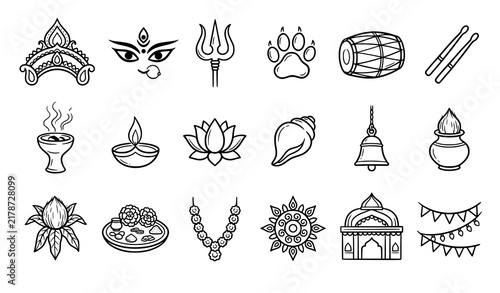 Durga Puja Festival Holiday Hand Drawn 20 Thin Line Icons with Dhak Diya Lotus Pandal and Decorations