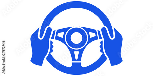 Blue steering wheel icon with driver hands on transparent background.