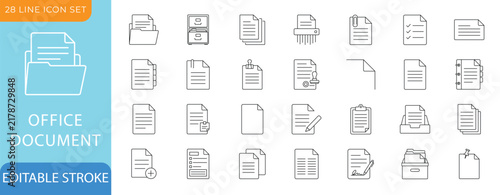 Office Document Line Icons Set. Paper, Clipboard, Folder, Checklist, Form, Page, Sheet, Binder, Tray and Archive. Editable Vectors