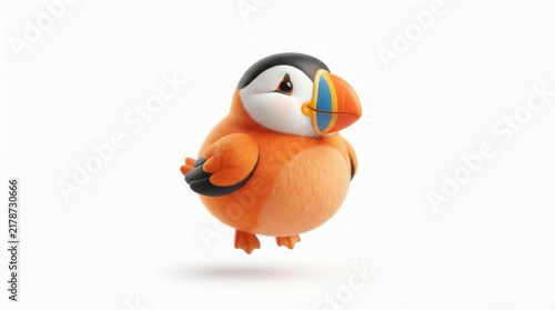 Cute cartoon puffin bird with orange beak and round body floating against clean white studio background