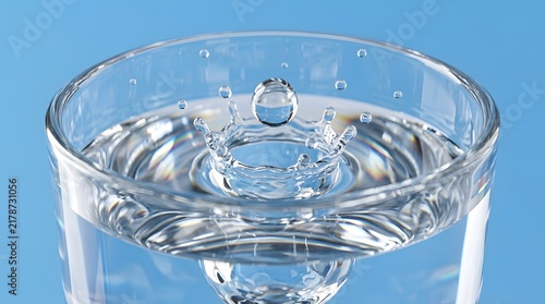 ​High-Speed Macro Photograph of a Water Drop creating a Crown Splash on Blue Background