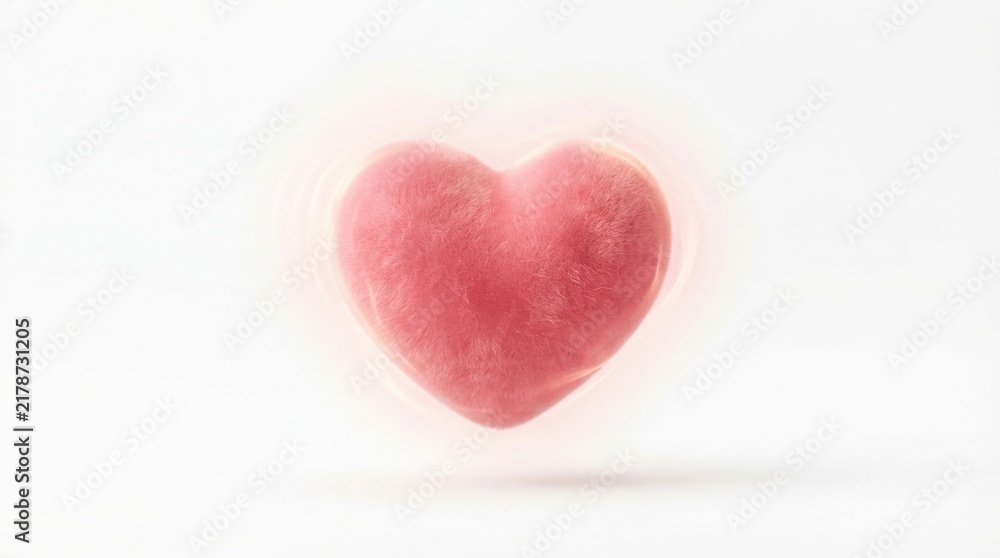 Fototapeta premium Plush fuzzy pink heart floating in mid-air against a clean white background