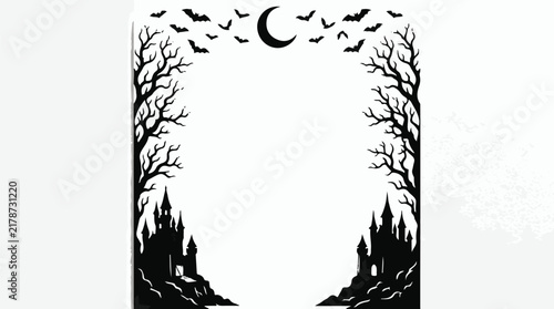 Photography Spooky Halloween border with haunted castle and bats
