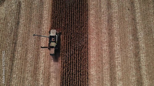 Top View of Combine Harvester Harvesting Corn Field