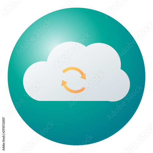 Quadro su tela Cloud sync icon with refresh arrows on teal sphere represents data storage