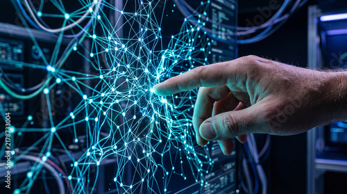 Human finger touches glowing neon digital network visualization interface representing futuristic artificial intelligence computing technology and advanced cybersecurity data analysis systems