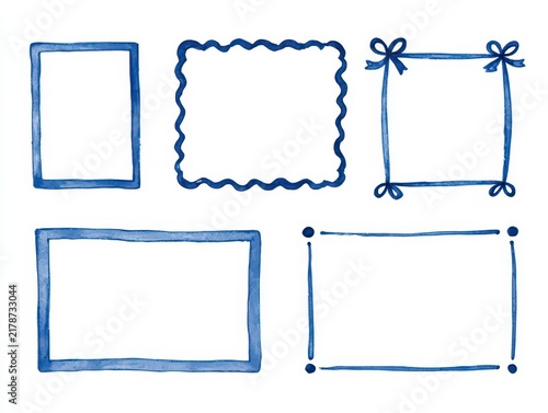 Set of handdrawn blue watercolor rectangular frames isolated on white background