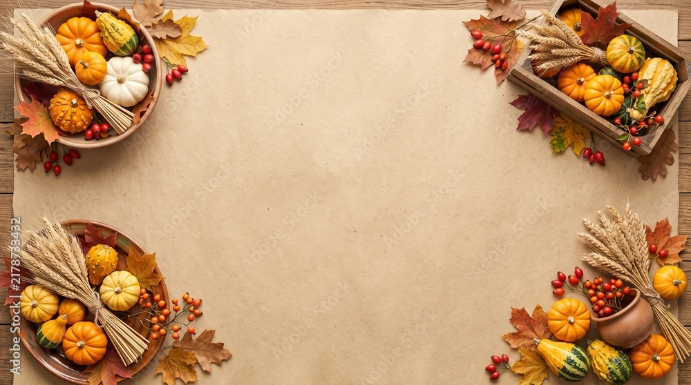Fototapeta premium Autumn harvest arrangement with pumpkins gourds and wheat in rustic baskets
