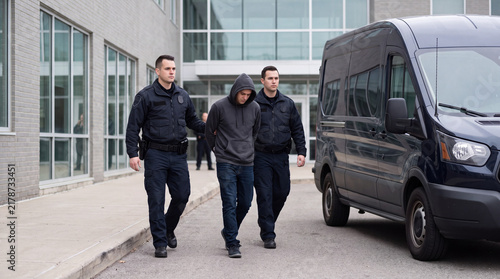 Immigration officers arresting and escorting a handcuffed man to a transport van. Law enforcement detainee transfer outside government building