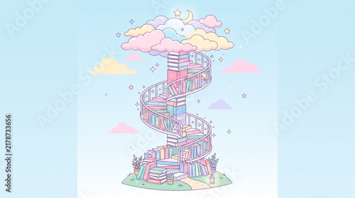 Stack of Books Forming Spiral Staircase into Clouds Pastel Vector Illustration