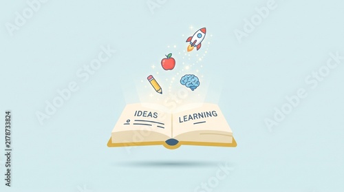 Minimalist, cute, flat vector illustration of an open, glowing book with diverse small icons (a rocket, an apple, a pencil, a brain) floating out of it, isolated on a light blue background