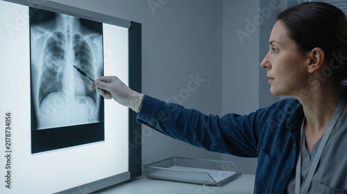 Occupational health specialist evaluates chest X-ray for lung exposure risk