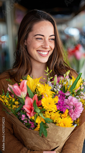 Young woman smiles brightly while holding vibrant bouquet of flowers, mix of colorful blooms. joy of receiving such beautiful gift is evident on her face