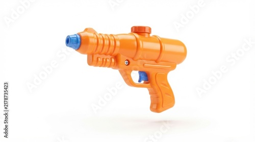 Modern plastic orange water gun toy with blue trigger and nozzle isolated on white background for summer outdoor fun