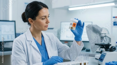 Scientist Examining Medical Sample In Laboratory With Biohazard Symbol
