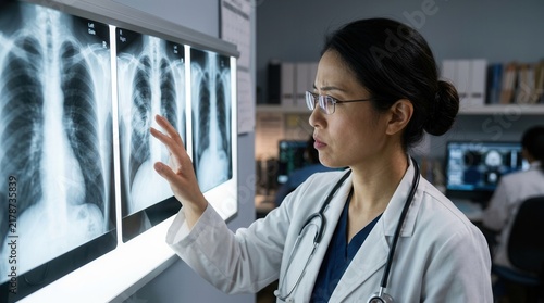 Serious Doctor Examining Medical X-Rays In A Modern Clinic