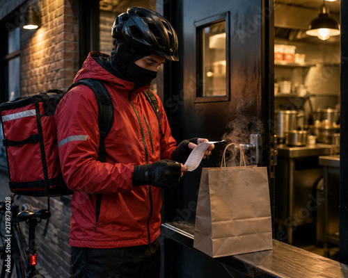 Food delivery cyclist checking order receipt outside a restaurant kitchen at night
