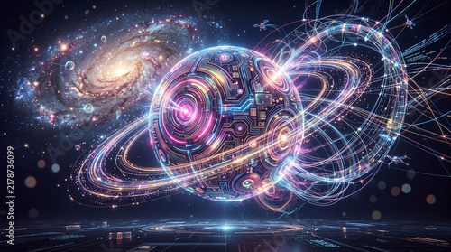 Quantum computing concept with a glowing processor in deep space. Advanced data science and cosmic processing