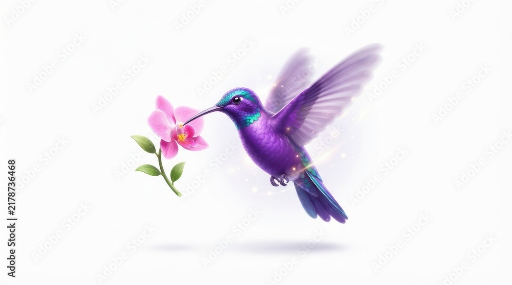 Fototapeta premium Vibrant purple hummingbird in flight hovering near a delicate pink orchid flower isolated on white background