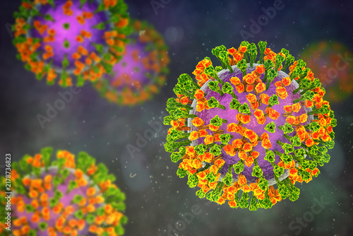 Parainfluenza viruses, 3D illustration showing enveloped virions with surface glycoprotein spikes and helical nucleocapsid structure typical of Paramyxoviridae